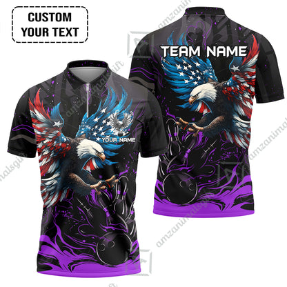 Custom Bowling Team Jerseys, Bowling uniforms Quarter-Zip Polo, Bowling Ball & Pins Almighty American Eagle Customized Name And Team Name