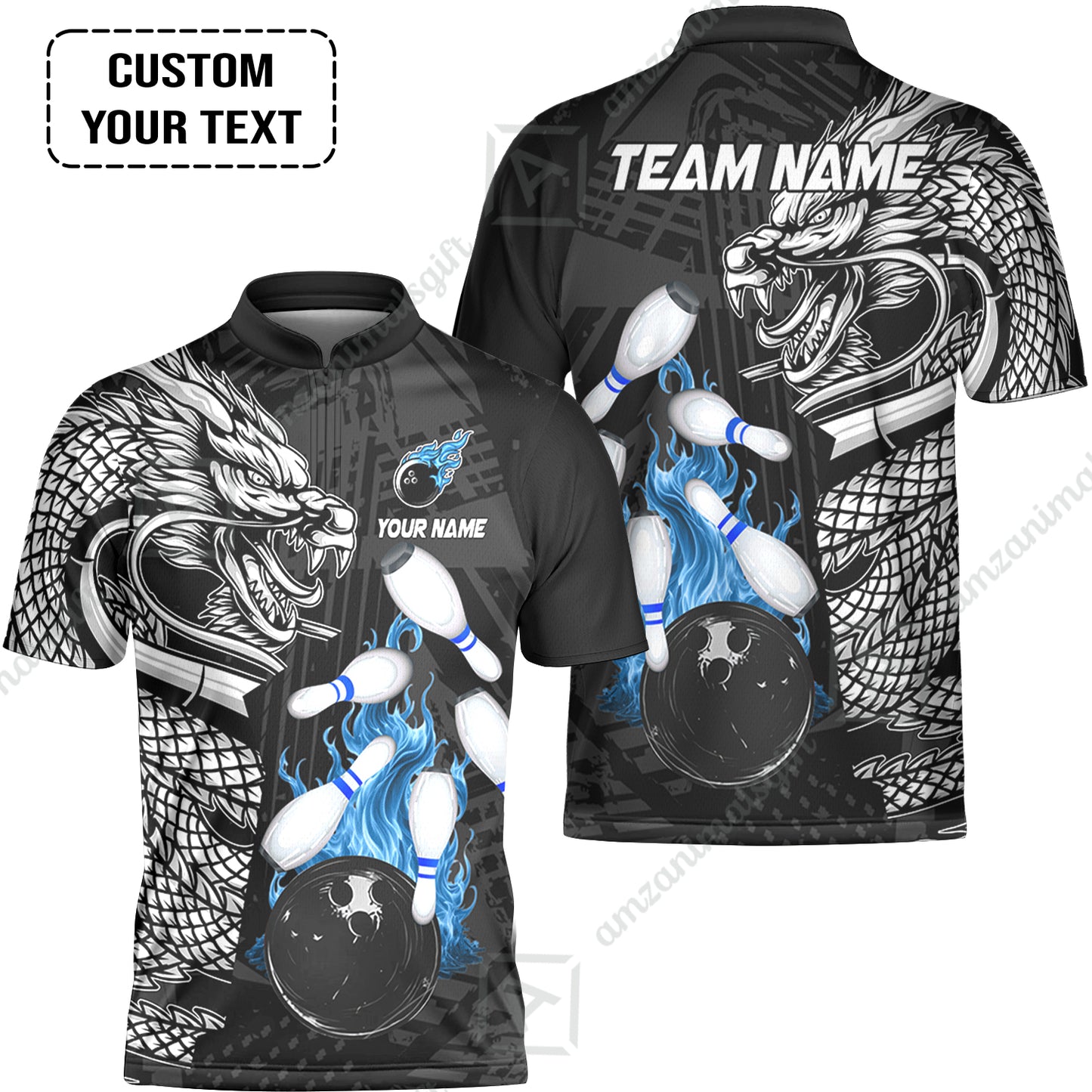 Custom Bowling Team Jerseys Polo Shirts, Bowling uniforms Bowling & Pins Dragon Flame Fire Multicolor Options Personalized Name And Team Name