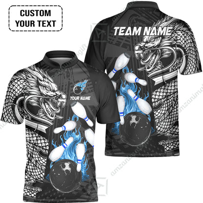 Custom Bowling Team Jerseys Polo Shirts, Bowling uniforms Bowling & Pins Dragon Flame Fire Multicolor Options Personalized Name And Team Name