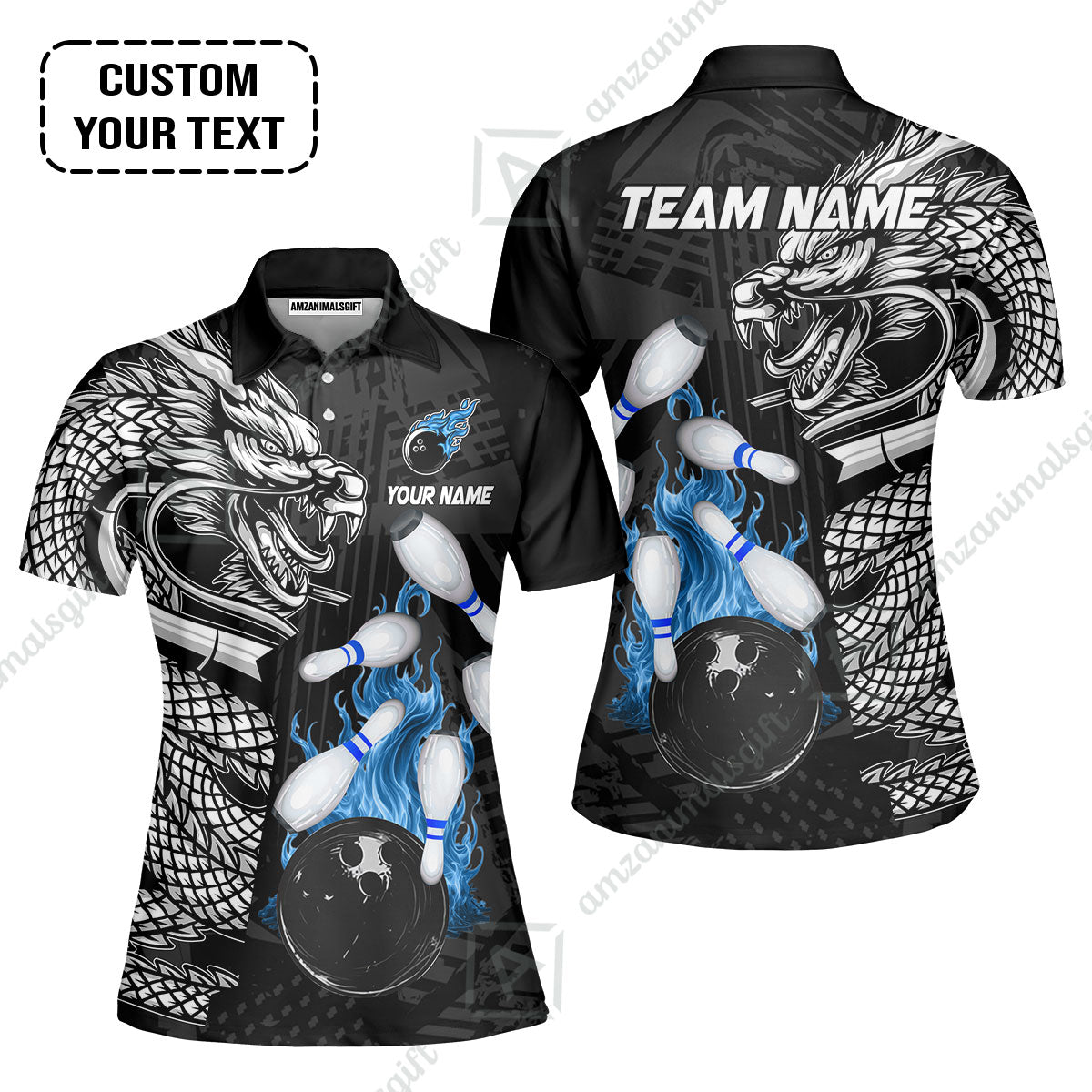 Custom Bowling Team Jerseys Polo Shirts, Bowling uniforms Bowling & Pins Dragon Flame Fire Multicolor Options Personalized Name And Team Name