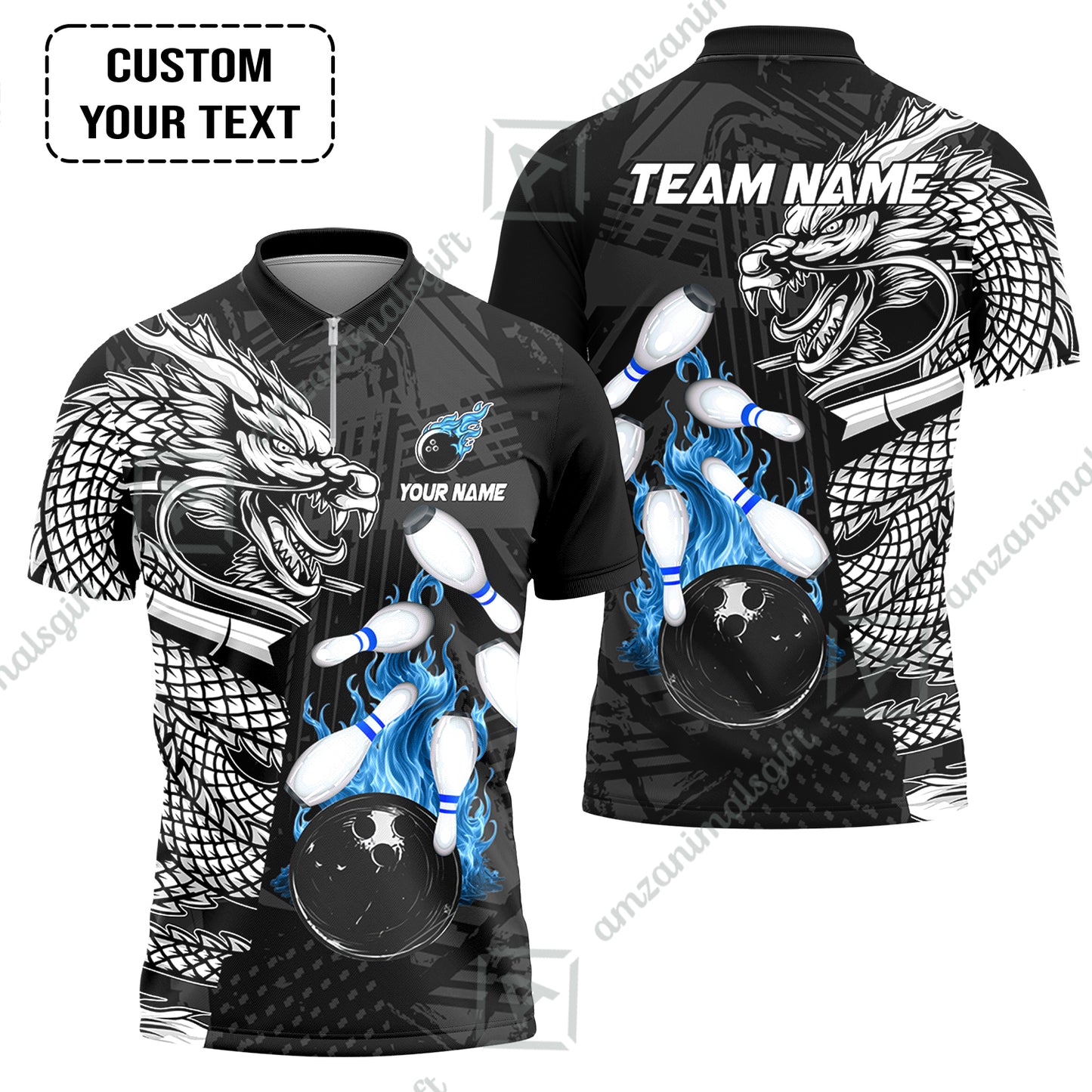 Custom Bowling Team Jerseys Polo Shirts, Bowling uniforms Bowling & Pins Dragon Flame Fire Multicolor Options Personalized Name And Team Name