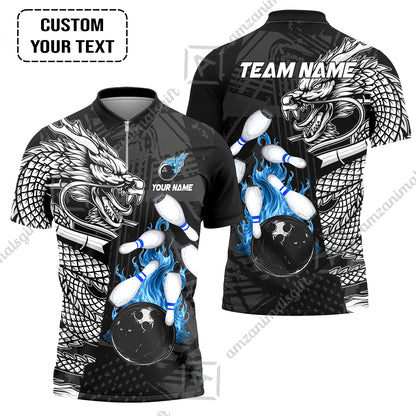 Custom Bowling Team Jerseys Polo Shirts, Bowling uniforms Bowling & Pins Dragon Flame Fire Multicolor Options Personalized Name And Team Name