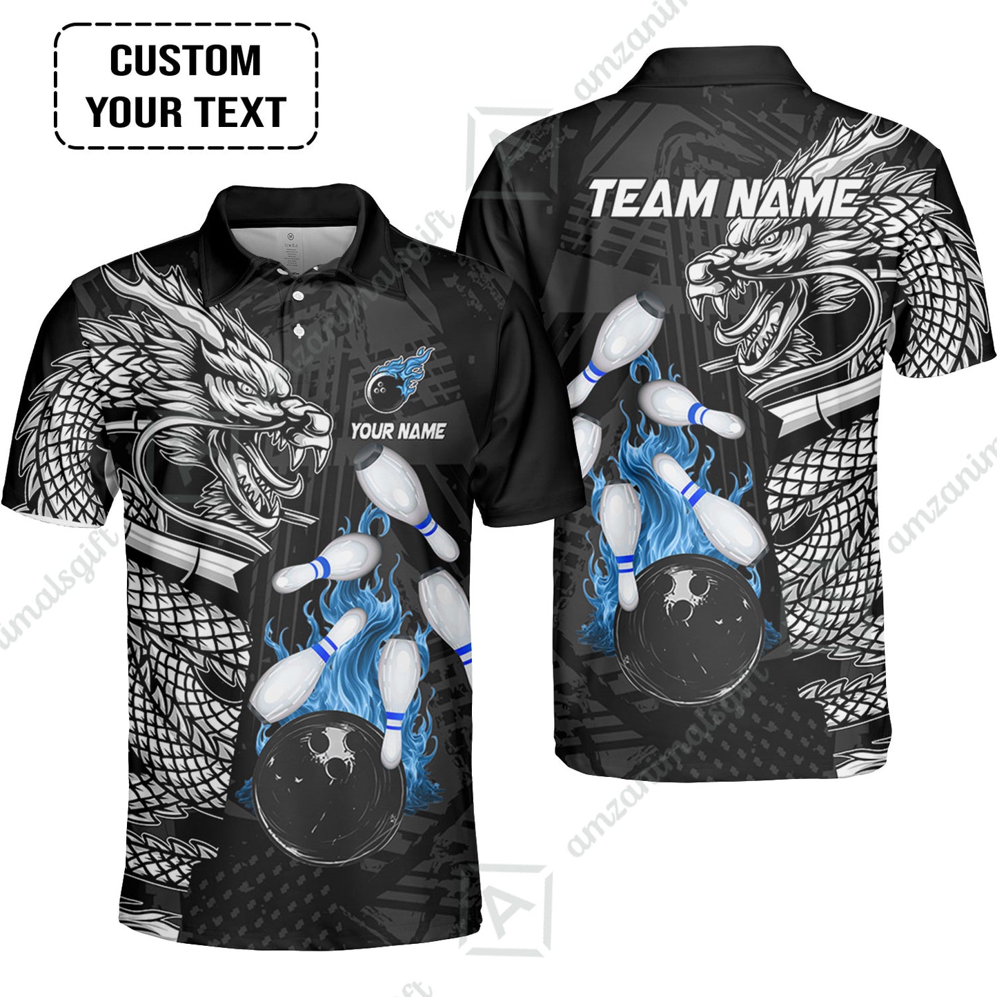 Custom Bowling Team Jerseys Polo Shirts, Bowling uniforms Bowling & Pins Dragon Flame Fire Multicolor Options Personalized Name And Team Name