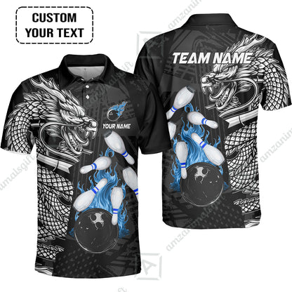 Custom Bowling Team Jerseys Polo Shirts, Bowling uniforms Bowling & Pins Dragon Flame Fire Multicolor Options Personalized Name And Team Name