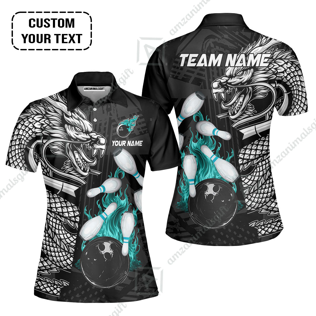 Custom Bowling Team Jerseys Polo Shirts, Bowling uniforms Bowling & Pins Dragon Flame Fire Multicolor Options Personalized Name And Team Name