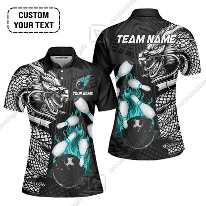 Custom Bowling Team Jerseys Polo Shirts, Bowling uniforms Bowling & Pins Dragon Flame Fire Multicolor Options Personalized Name And Team Name