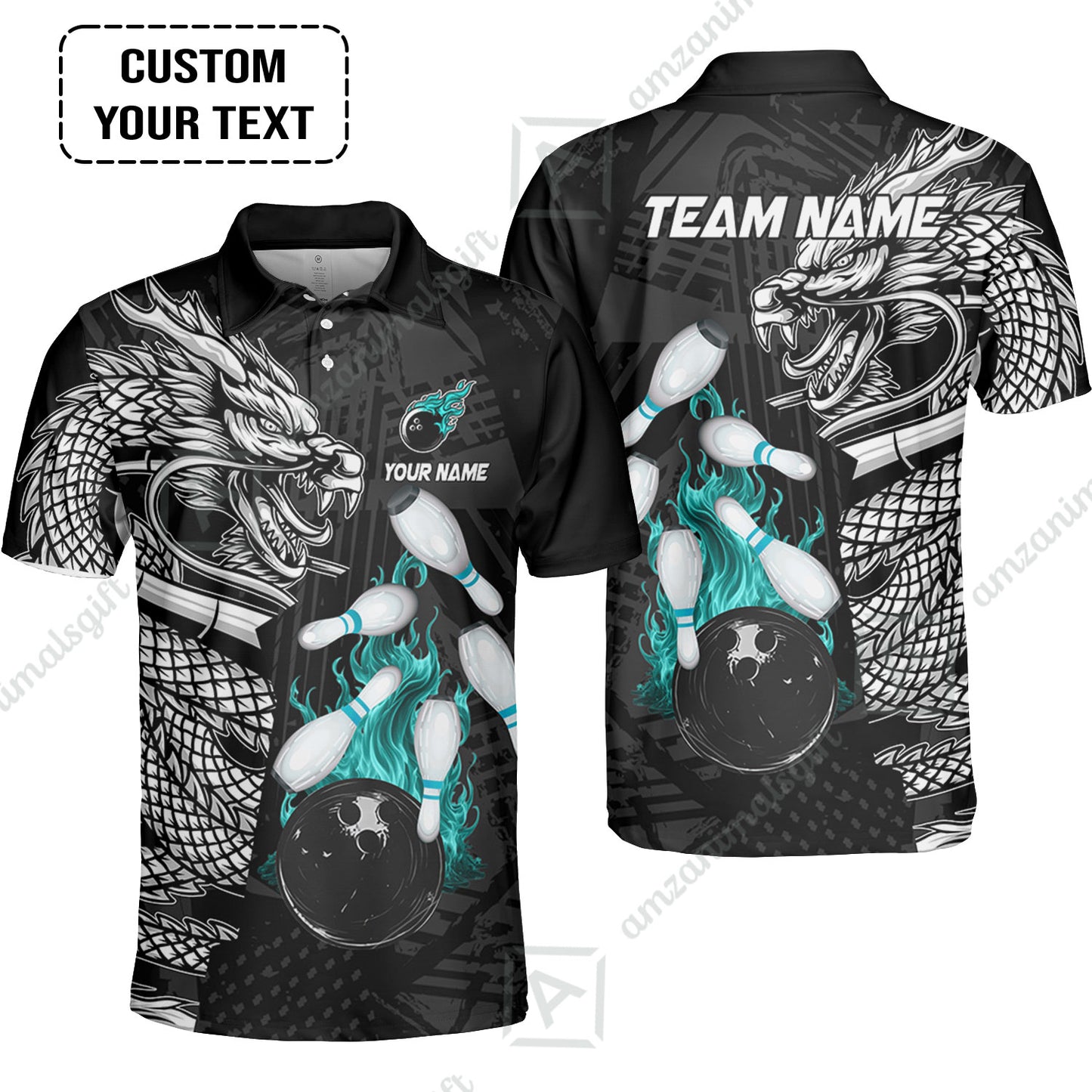 Custom Bowling Team Jerseys Polo Shirts, Bowling uniforms Bowling & Pins Dragon Flame Fire Multicolor Options Personalized Name And Team Name