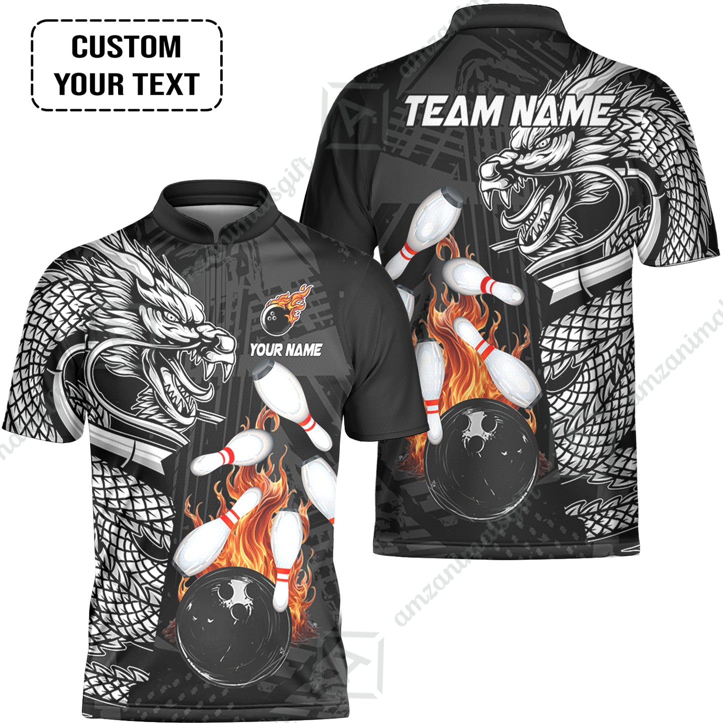 Custom Bowling Team Jerseys Polo Shirts, Bowling uniforms Bowling & Pins Dragon Flame Fire Multicolor Options Personalized Name And Team Name