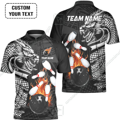 Custom Bowling Team Jerseys Polo Shirts, Bowling uniforms Bowling & Pins Dragon Flame Fire Multicolor Options Personalized Name And Team Name