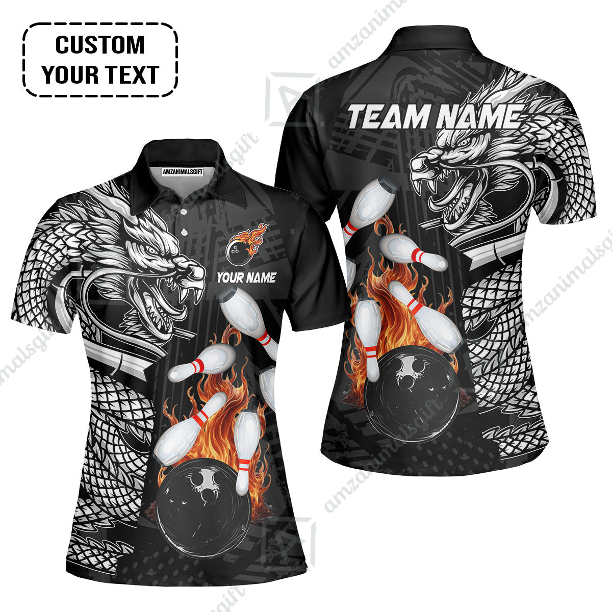 Custom Bowling Team Jerseys Polo Shirts, Bowling uniforms Bowling & Pins Dragon Flame Fire Multicolor Options Personalized Name And Team Name
