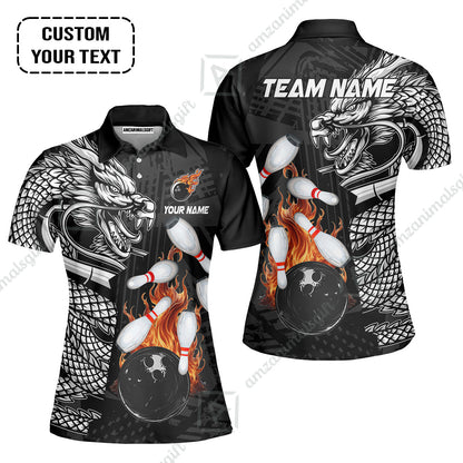 Custom Bowling Team Jerseys Polo Shirts, Bowling uniforms Bowling & Pins Dragon Flame Fire Multicolor Options Personalized Name And Team Name