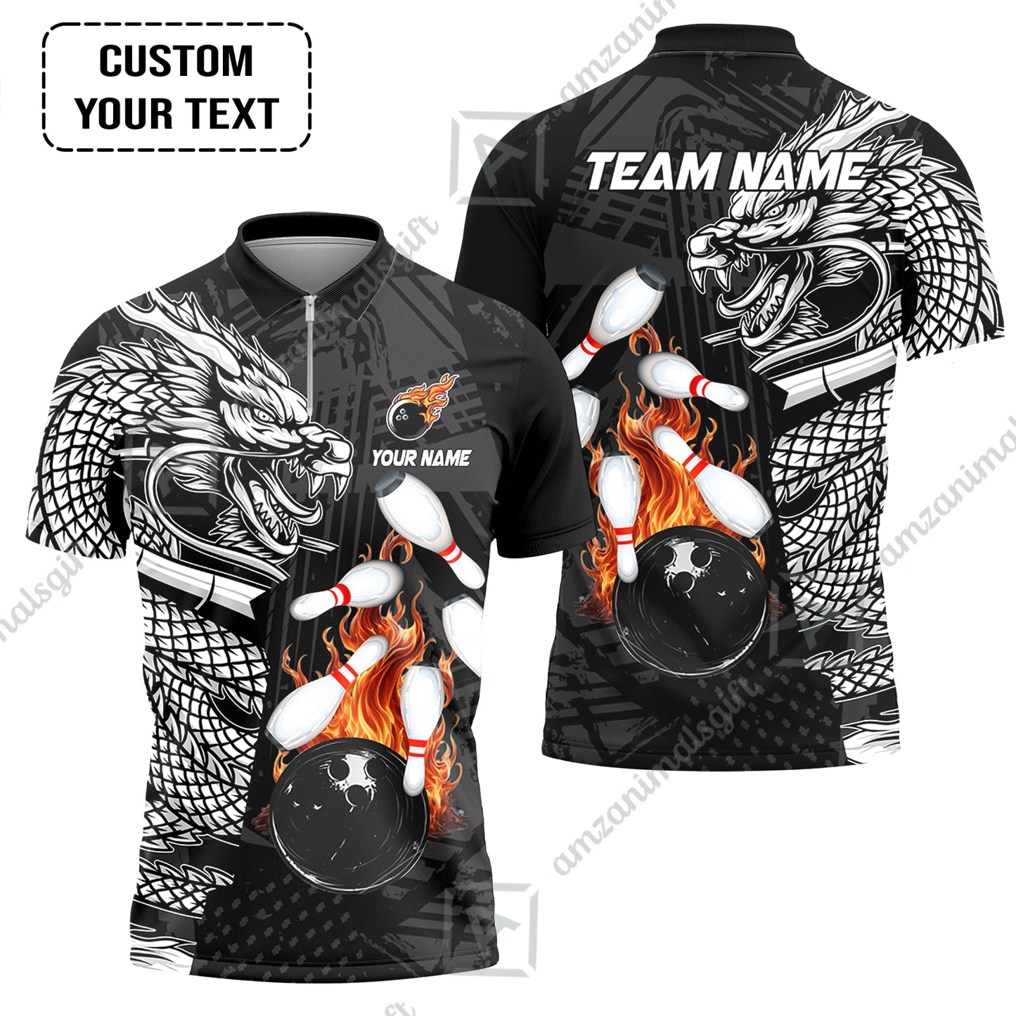 Custom Bowling Team Jerseys Polo Shirts, Bowling uniforms Bowling & Pins Dragon Flame Fire Multicolor Options Personalized Name And Team Name