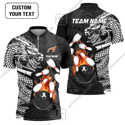 Custom Bowling Team Jerseys Polo Shirts, Bowling uniforms Bowling & Pins Dragon Flame Fire Multicolor Options Personalized Name And Team Name