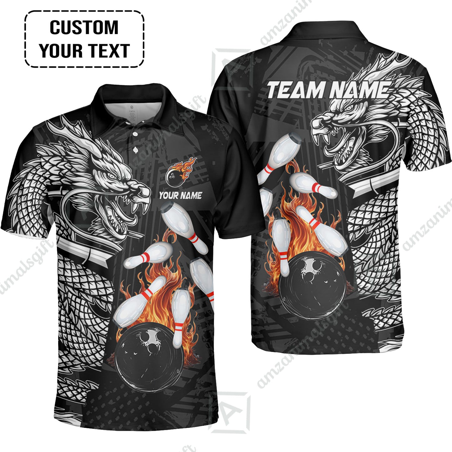 Custom Bowling Team Jerseys Polo Shirts, Bowling uniforms Bowling & Pins Dragon Flame Fire Multicolor Options Personalized Name And Team Name