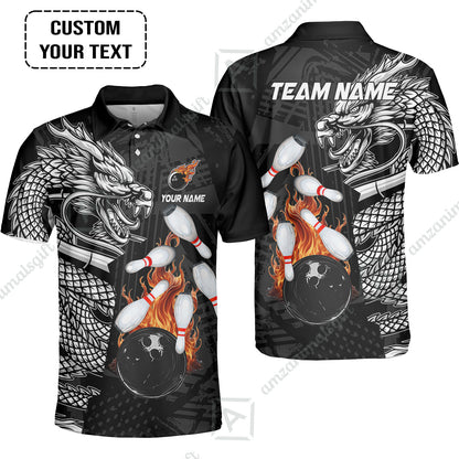 Custom Bowling Team Jerseys Polo Shirts, Bowling uniforms Bowling & Pins Dragon Flame Fire Multicolor Options Personalized Name And Team Name
