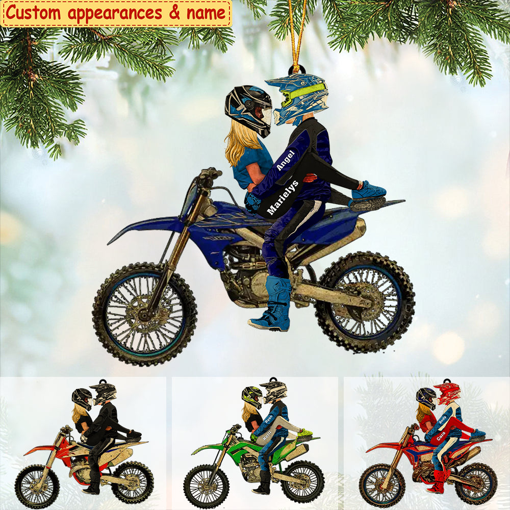 Personalized Couple Hug On Dirt Bike Flat Acrylic Ornament, Meaningful Ornament Gifts For Couple Partners Love Dirt Bike