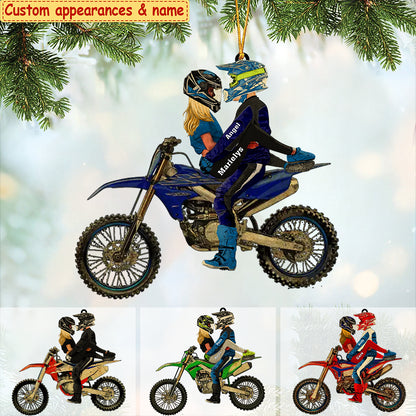 Personalized Couple Hug On Dirt Bike Flat Acrylic Ornament, Meaningful Ornament Gifts For Couple Partners Love Dirt Bike
