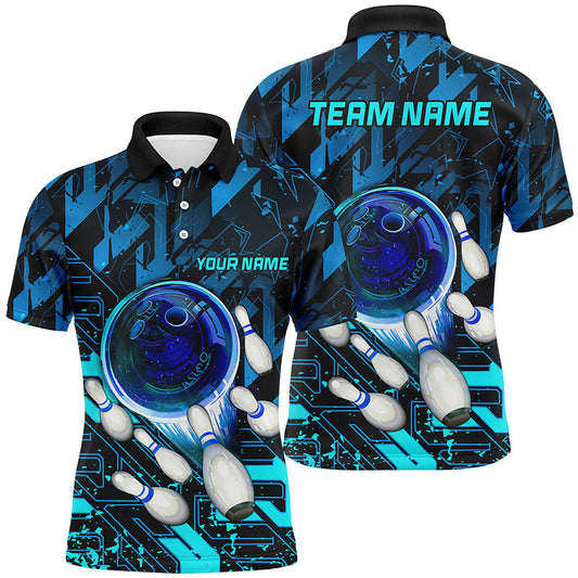 Customized Blue Metric Abstract Bowling Team Unisex Polo Shirt, Personalized Name Bowling Uniforms For Bowlers, Team League