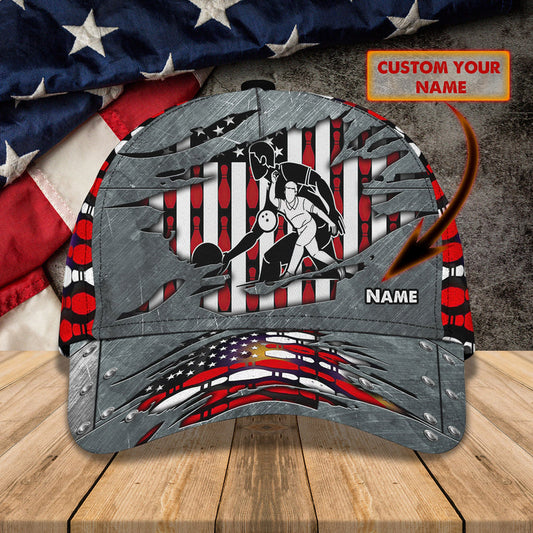 Personalized Bowling Grey Classic Cap, Bowling American Flag Pattern Cap Hat For Team Men Women Bowlers HN20