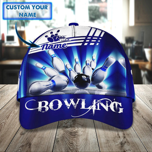 Personalized Bowling Blue Classic Cap, Bowling Pins In Blue Light Pattern Cap Hat For Team Men Women Bowlers HN10
