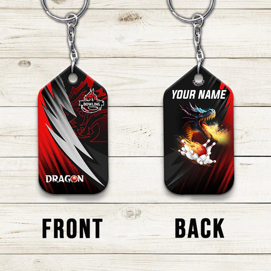Custom Name Dragon Team Red Bowling Ball On Fire Acrylic Keychain - Christmas Gift For Bowling Lovers, Bowling Players, Family, Friends