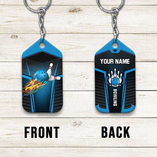 Personalized Name Blue Bowling Ball in Flames Breaks White Skittles Acrylic Keychain - Christmas Gift For Bowling Lovers, Bowling Team Players