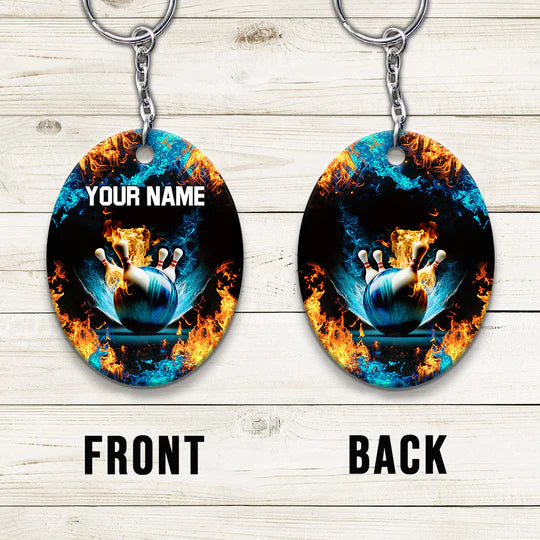 Personalized Name Blue Bowling Ball And Pins On Fire Acrylic Keychain - Christmas Gift For Bowling Lovers, Bowling Team, Family, Friends