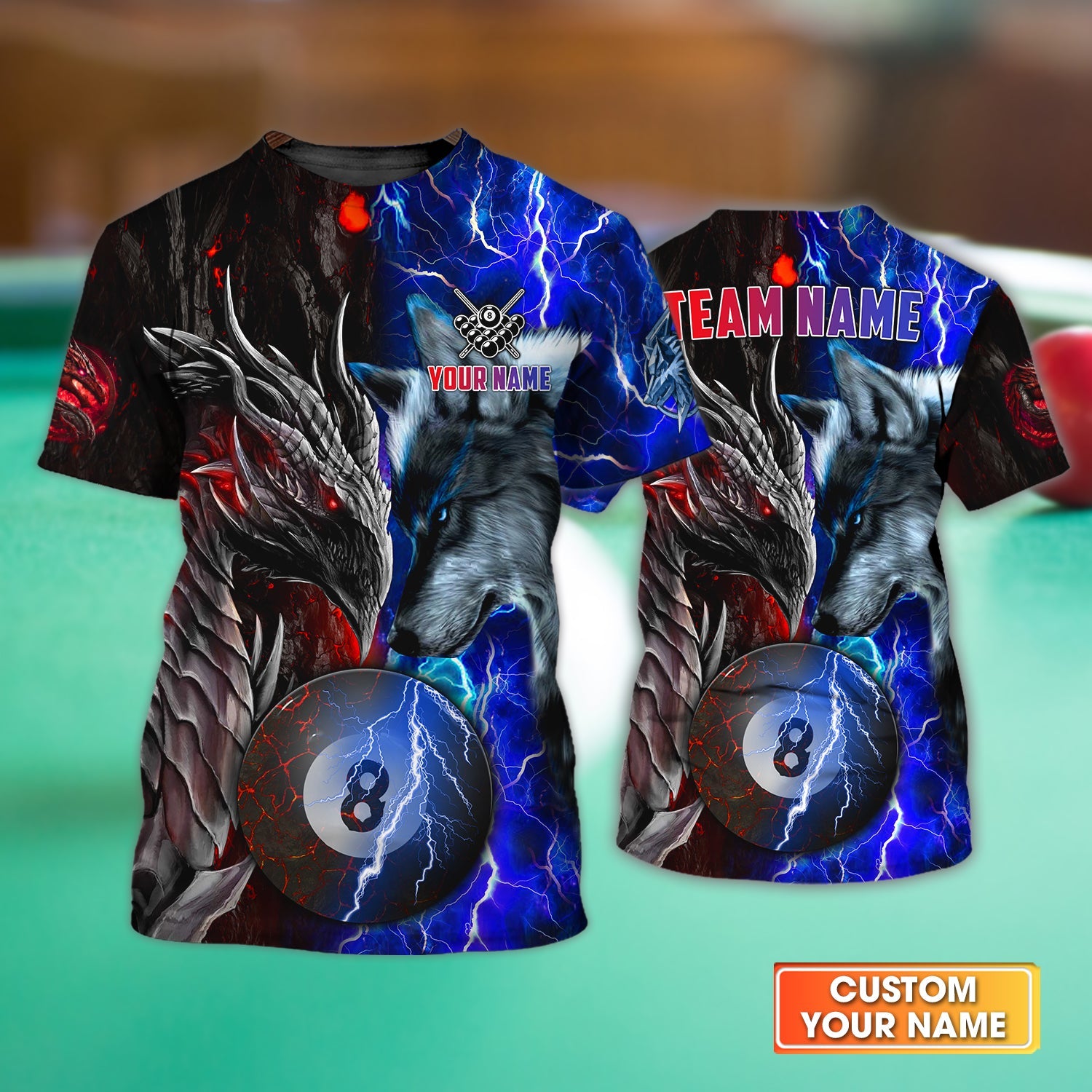 Dragon And Wolf Billiards 8 Balls Paint Red Blue Splash Personalized Shirt, Perfect Outfit For Billiard Players