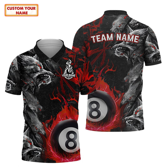 Personalized Billiards 8 Ball Pool Polo Shirt, Wolf Black Red Fire Pool Shirts, Outfit For Billiard Players Tad