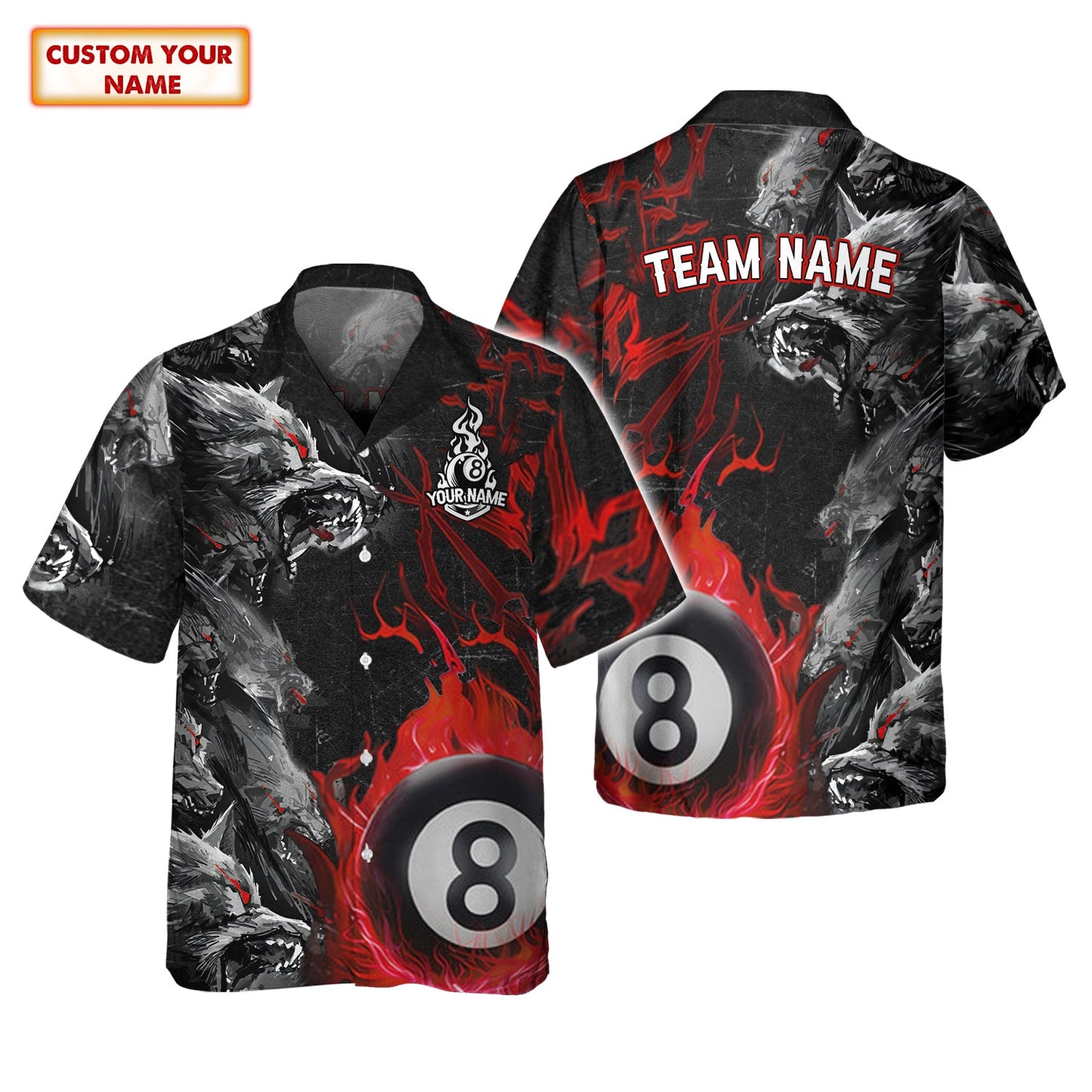 Personalized Billiards 8 Ball Pool Polo Shirt, Wolf Black Red Fire Pool Shirts, Outfit For Billiard Players Tad