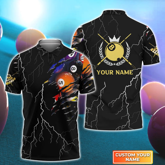 Custom Name Billiard Men Polo Shirt, Thunder Billiard Ball Personalized 8 Ball Pool Billiards Polo Shirts, Perfect Gift For Billiard Lovers, Players