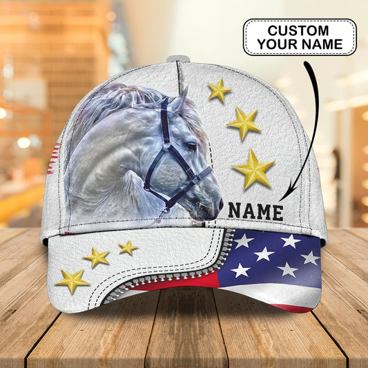 Customized Horse Patriotic Classic Caps Hat, White Horse American Flag Caps, Best Hat Gift For Men Women 4th July