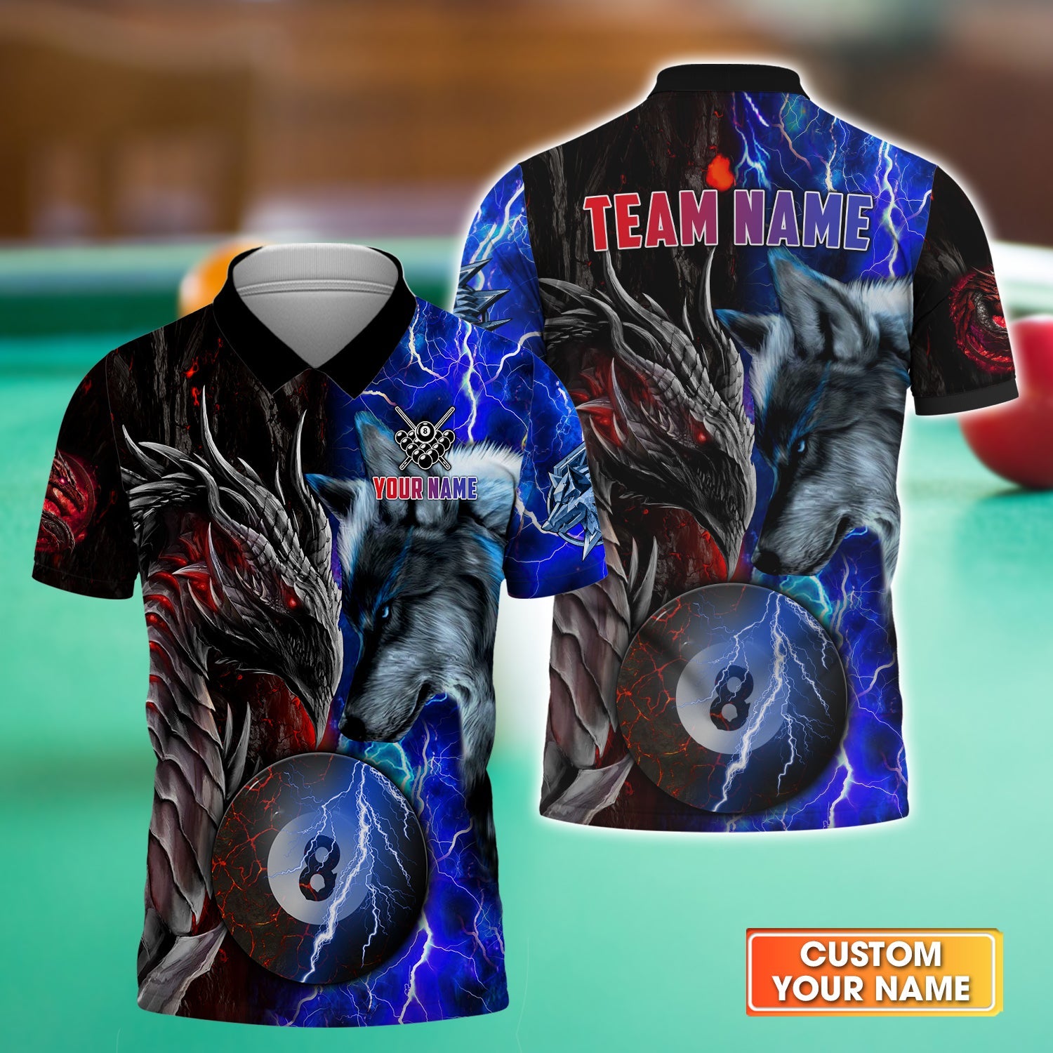 Dragon And Wolf Billiards 8 Balls Paint Red Blue Splash Personalized Men Polo Shirt, Perfect Outfit For Billiard Players