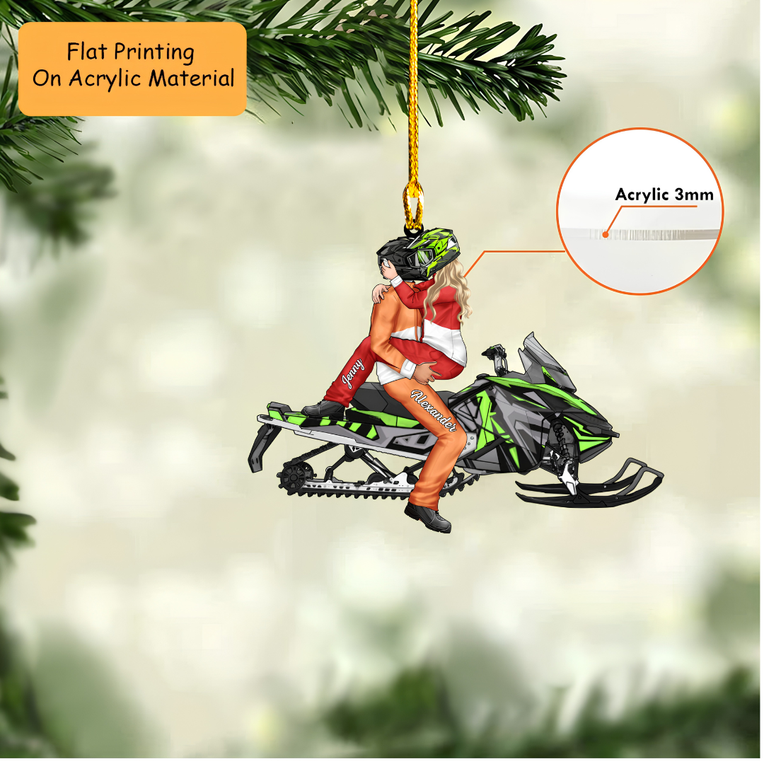 Personalized Snowmobile Couple Christmas Ornament, Helmet Kiss On Snow Machine, Custom Ornament Christmas Gift, Keychain Snowmobile, Car Ornament Snowmobile