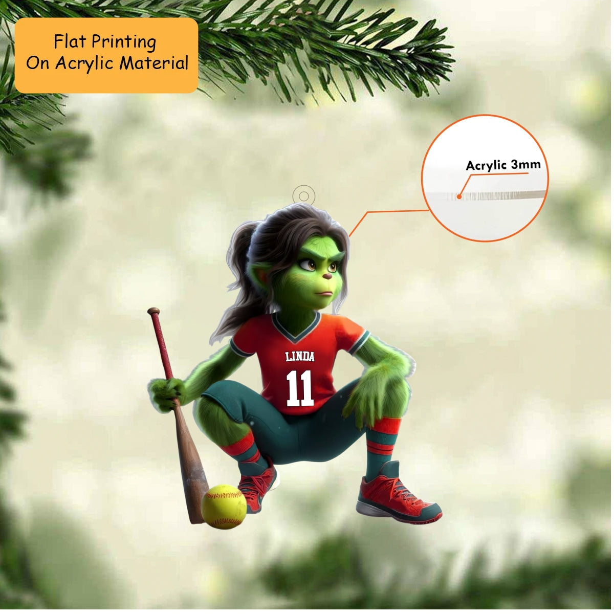 Personalized Softball Christmas Ornament, Jersey Female Green Mascot, Custom Ornament Christmas Gift, Keychain Bowling, Car Ornament Bowling