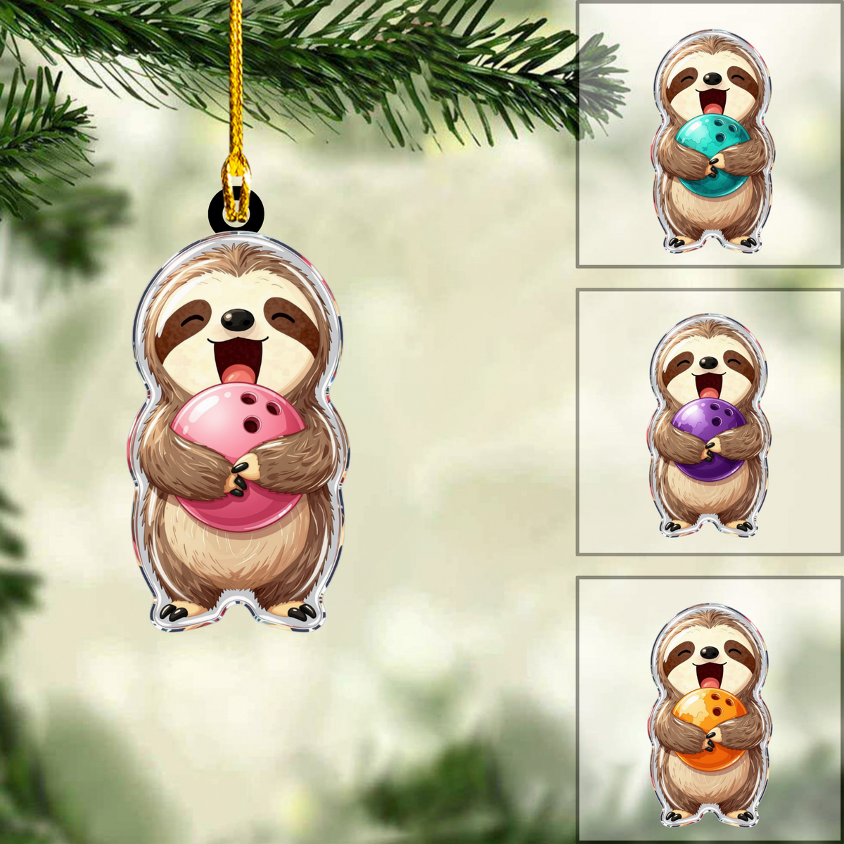 Personalized Bowling Christmas Ornament, Cute Sloth Holding Ball, Ornament Christmas Gift, Keychain Bowling, Car Ornament Bowling