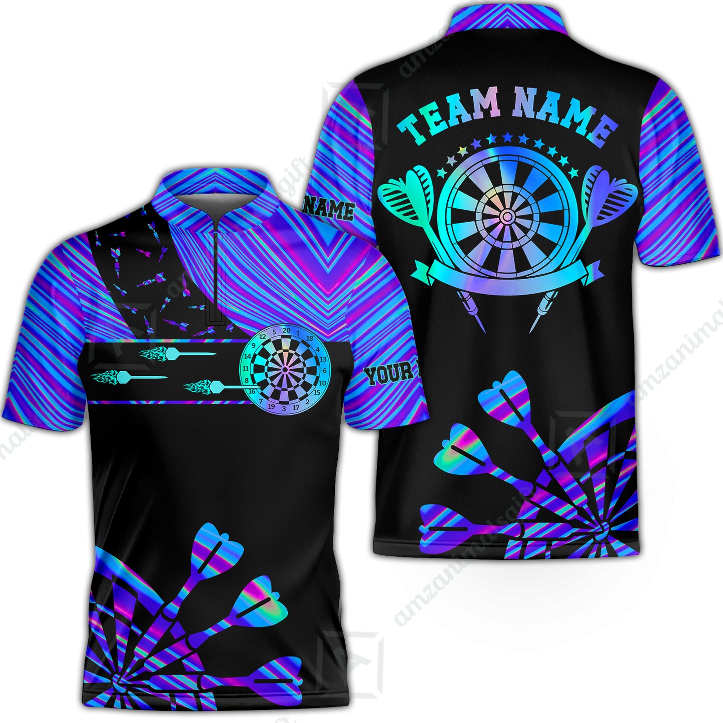 Customized Darts Polo Shirt, Neon Dartboard Darts Team Style Stand Collar Quater-Zip, Perfect Outfit Jersey for Darts Players