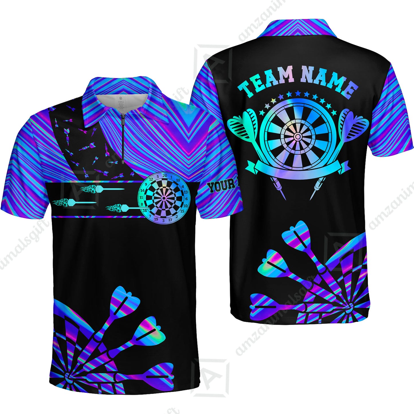 Customized Darts Polo Shirt, Neon Dartboard Darts Team Style Stand Collar Quater-Zip, Perfect Outfit Jersey for Darts Players
