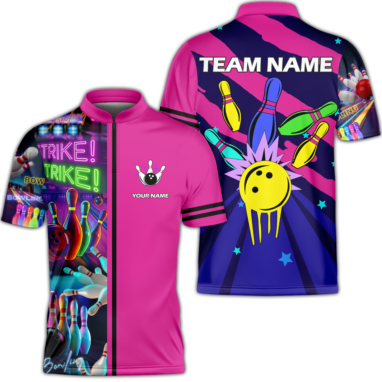 Custom Bowling Team Jersey Neon Bowling Strike Polo Shirts, Bowling Team Uniforms, Personalized Name And Team Name