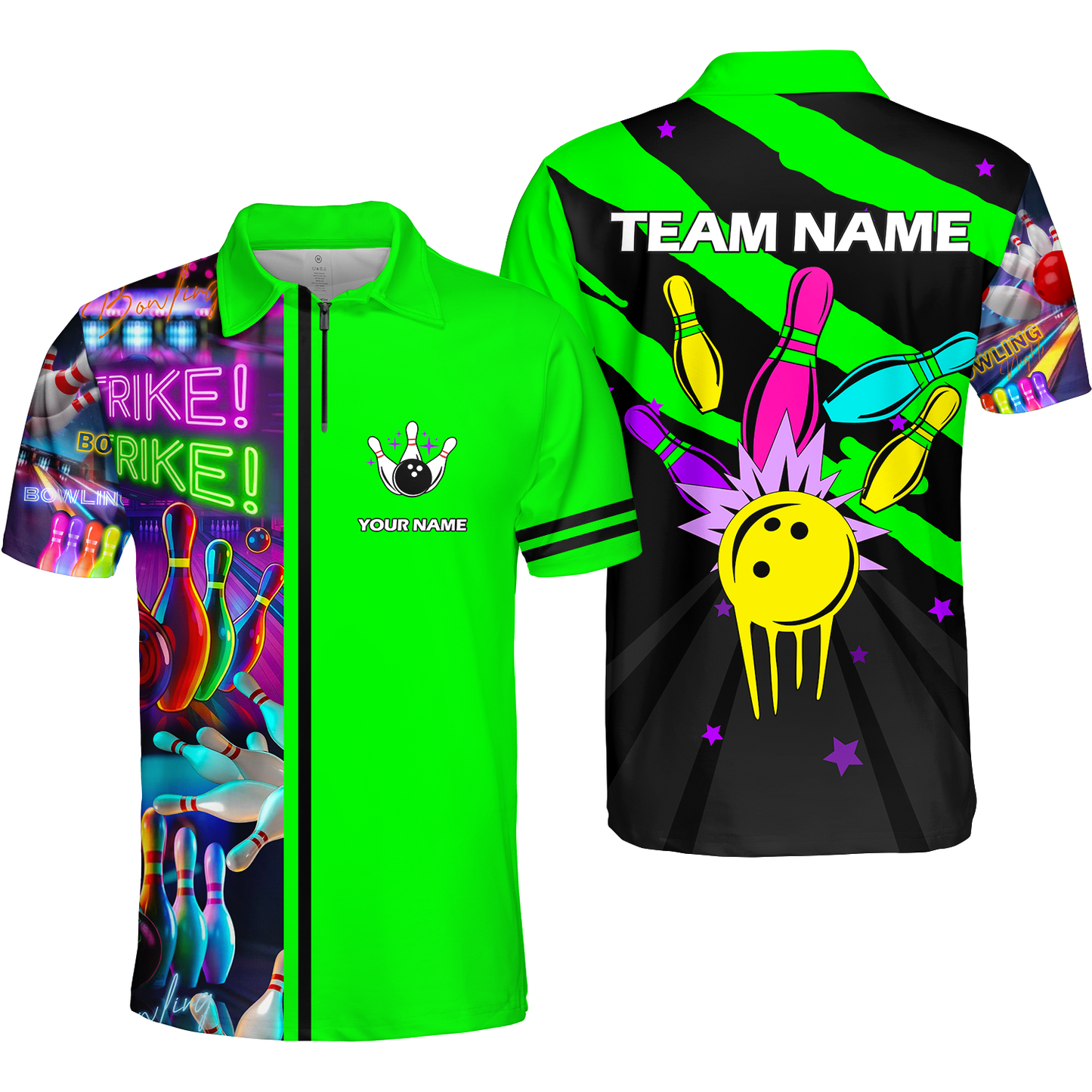 Custom Bowling Team Jersey Neon Bowling Strike Polo Shirts, Bowling Team Uniforms, Personalized Name And Team Name