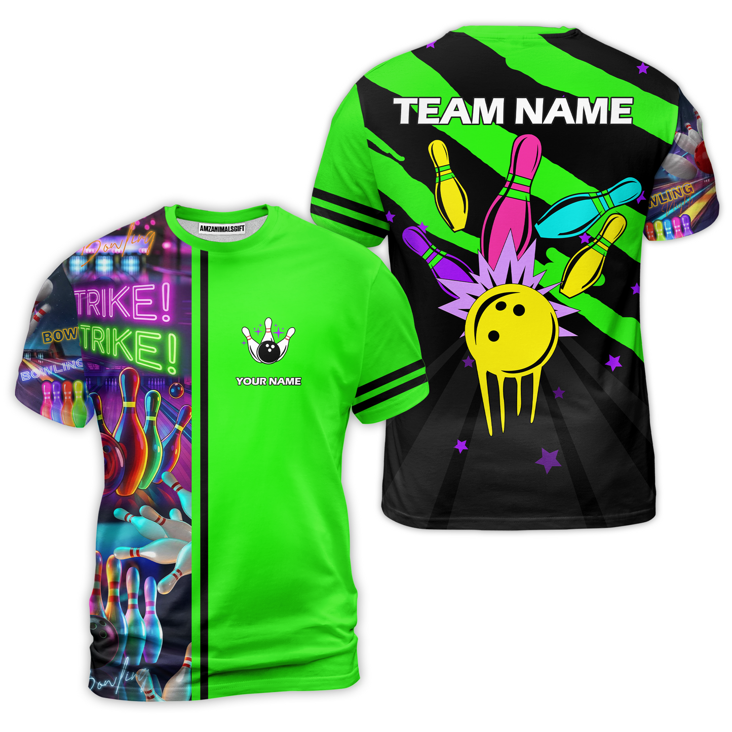 Custom Bowling Team Jersey Neon Bowling Strike Polo Shirts, Bowling Team Uniforms, Personalized Name And Team Name