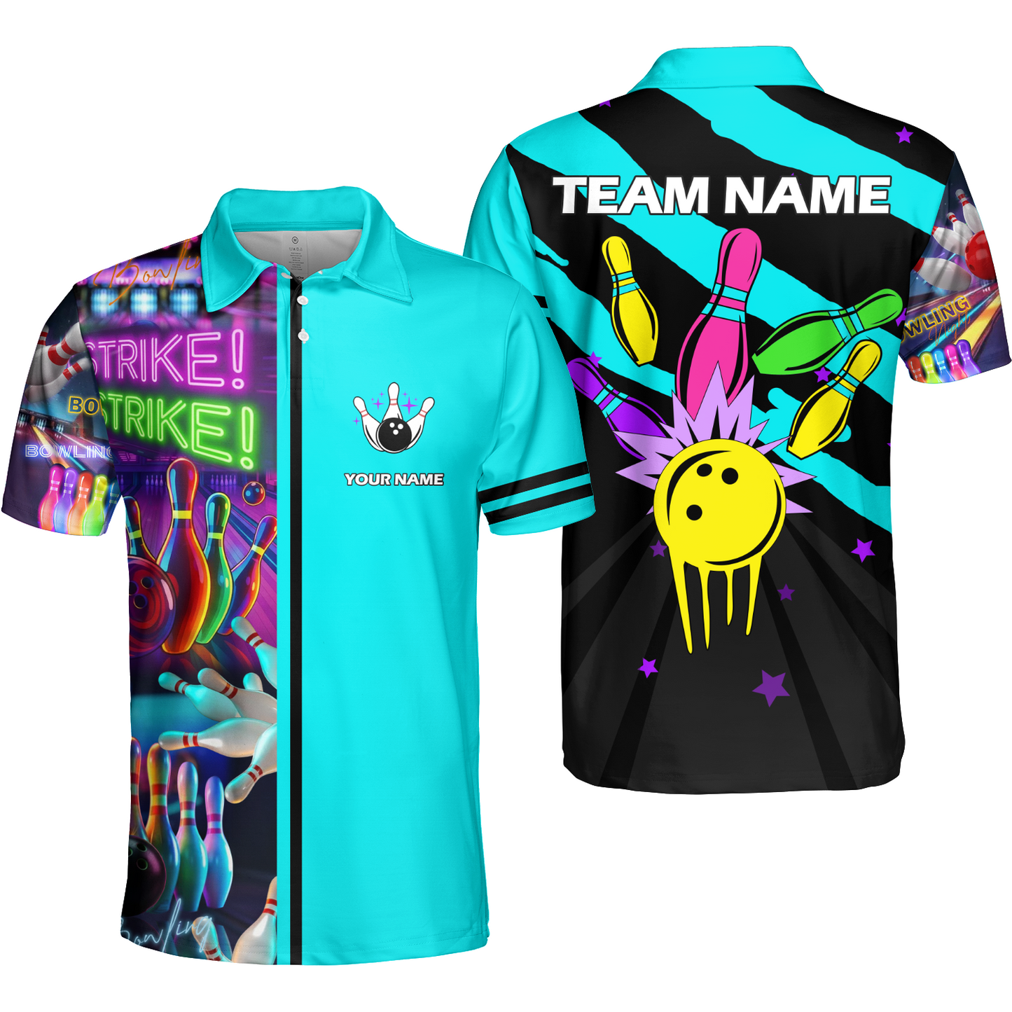 Custom Bowling Team Jersey Neon Bowling Strike Polo Shirts, Bowling Team Uniforms, Personalized Name And Team Name
