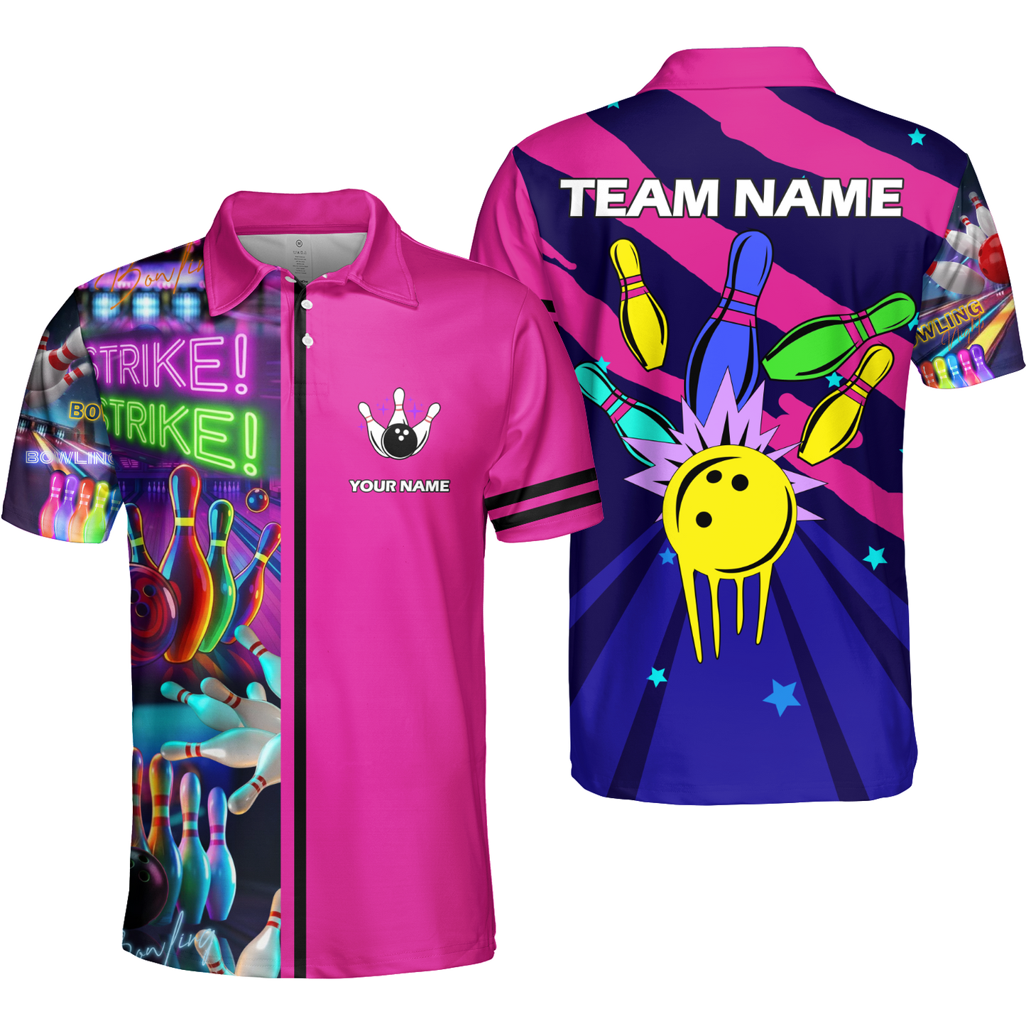 Custom Bowling Team Jersey Neon Bowling Strike Polo Shirts, Bowling Team Uniforms, Personalized Name And Team Name