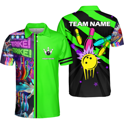 Custom Bowling Team Jersey Neon Bowling Strike Polo Shirts, Bowling Team Uniforms, Personalized Name And Team Name