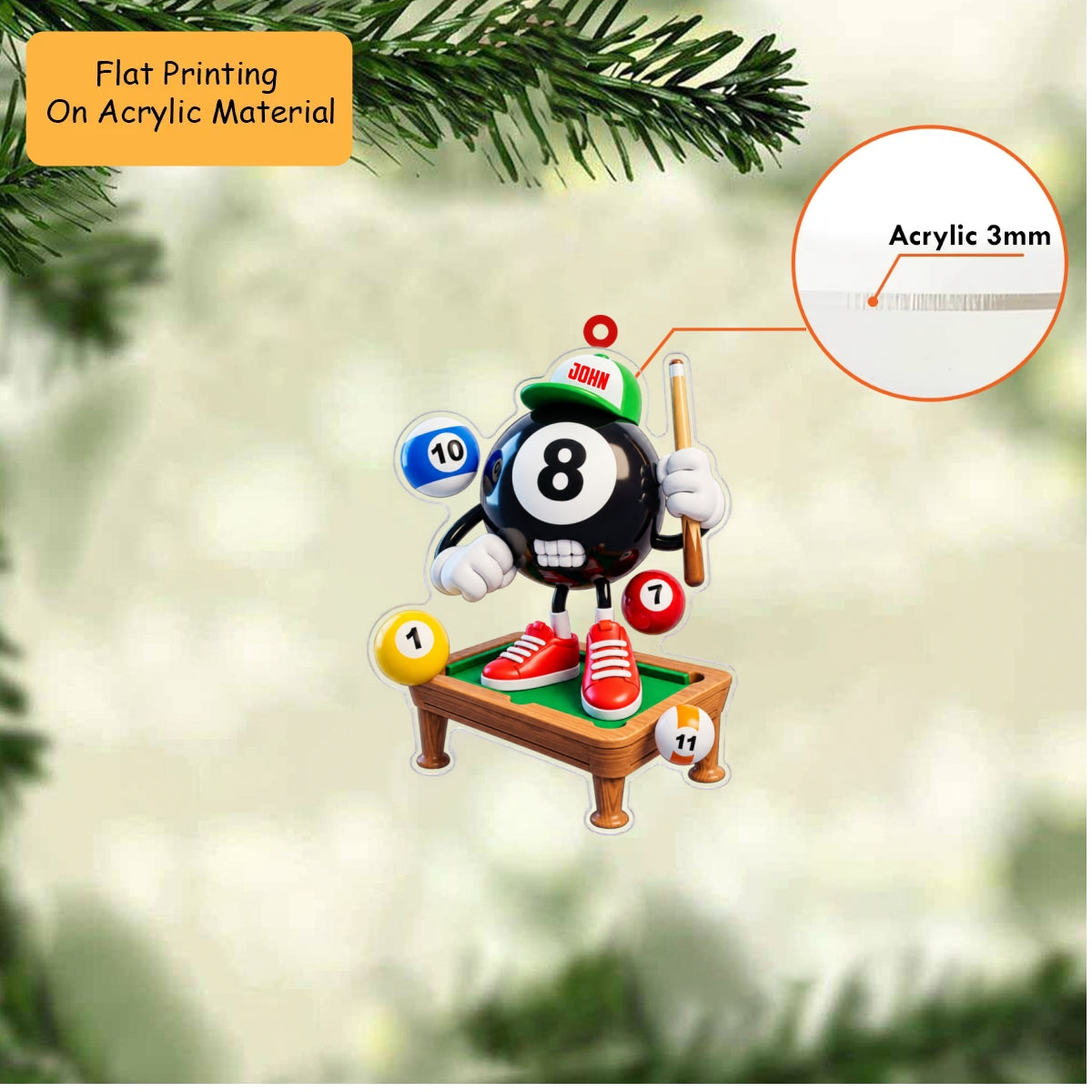 Personalized Billiards Christmas Ornament, Fierce 8 Ball Mascot On Pool Table, Custom Ornament Christmas Gift, Keychain Billiards, Car Ornament Billiards