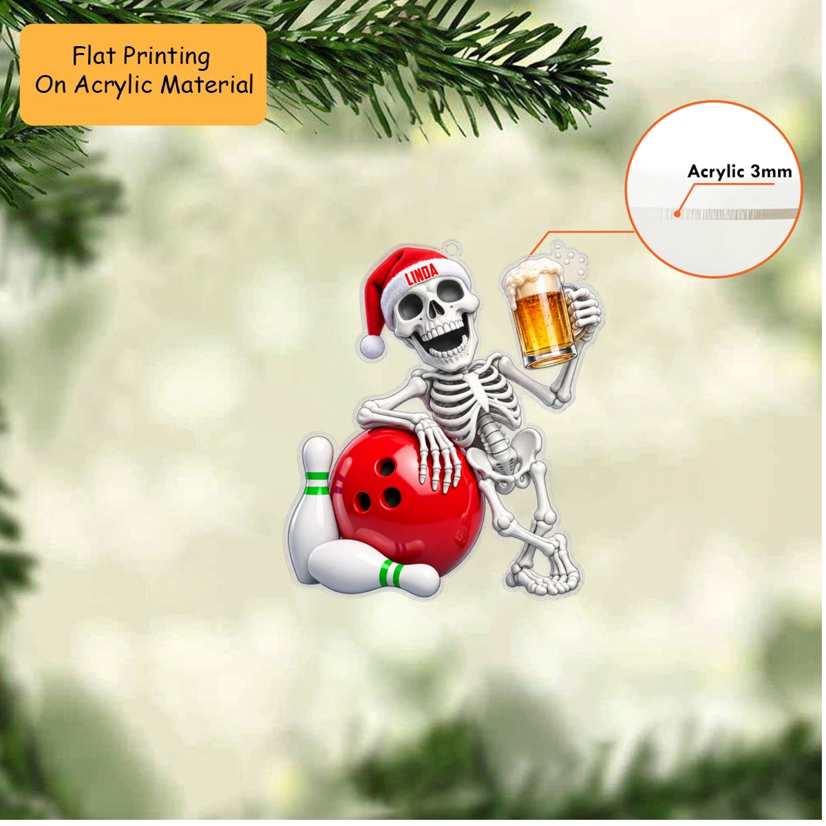 Personalized Drinking Buddy Christmas Ornament, Chilling Skeleton Matching Hat And Ball, Custom Ornament Christmas Gift, Keychain Bowling, Car Ornament Bowling