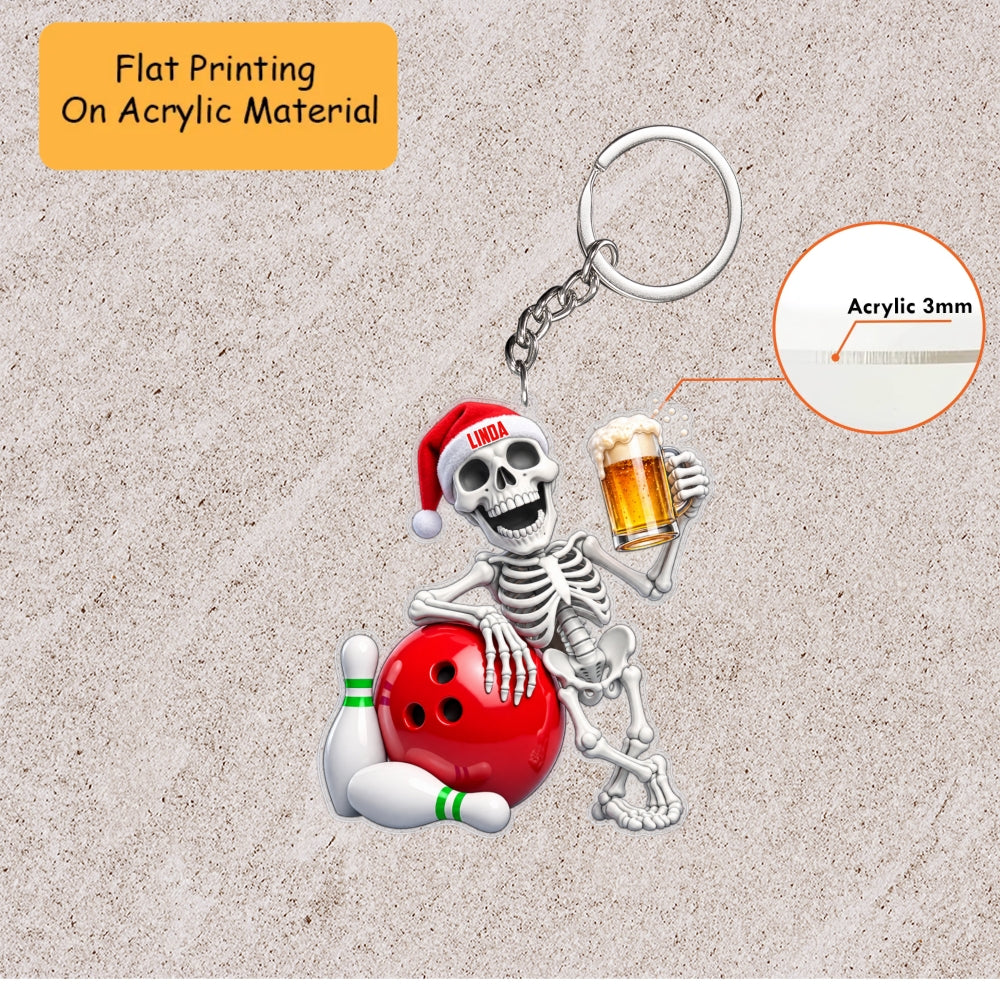 Personalized Drinking Buddy Christmas Ornament, Chilling Skeleton Matching Hat And Ball, Custom Ornament Christmas Gift, Keychain Bowling, Car Ornament Bowling