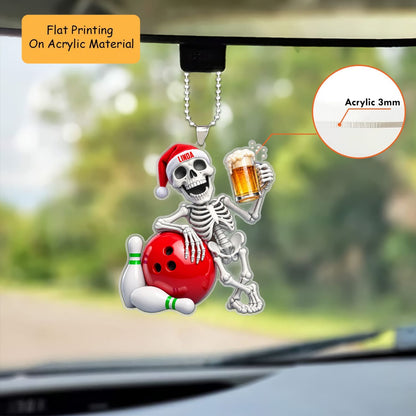 Personalized Drinking Buddy Christmas Ornament, Chilling Skeleton Matching Hat And Ball, Custom Ornament Christmas Gift, Keychain Bowling, Car Ornament Bowling