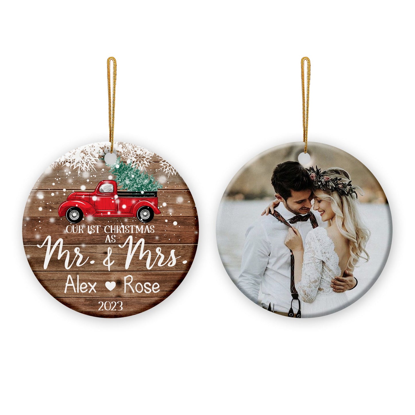 Our 1st Christmas Ornaments Customized Name And Photo Double Sided Printed Ceramic Circle Ornament For New Married Couple