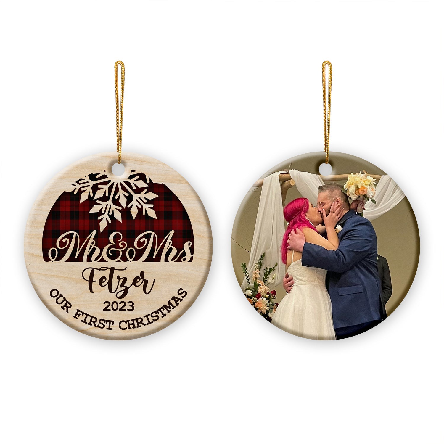 Our 1st Christmas Ornaments Custom Photo And Name Double Sided Printed Ceramic Circle Ornament For New Married Couple